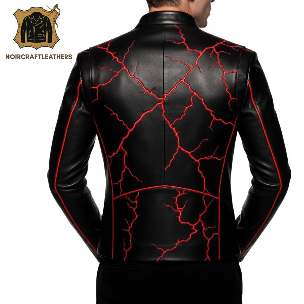 Men's Black & Red Cracked Lambskin Leather Biker Jacket