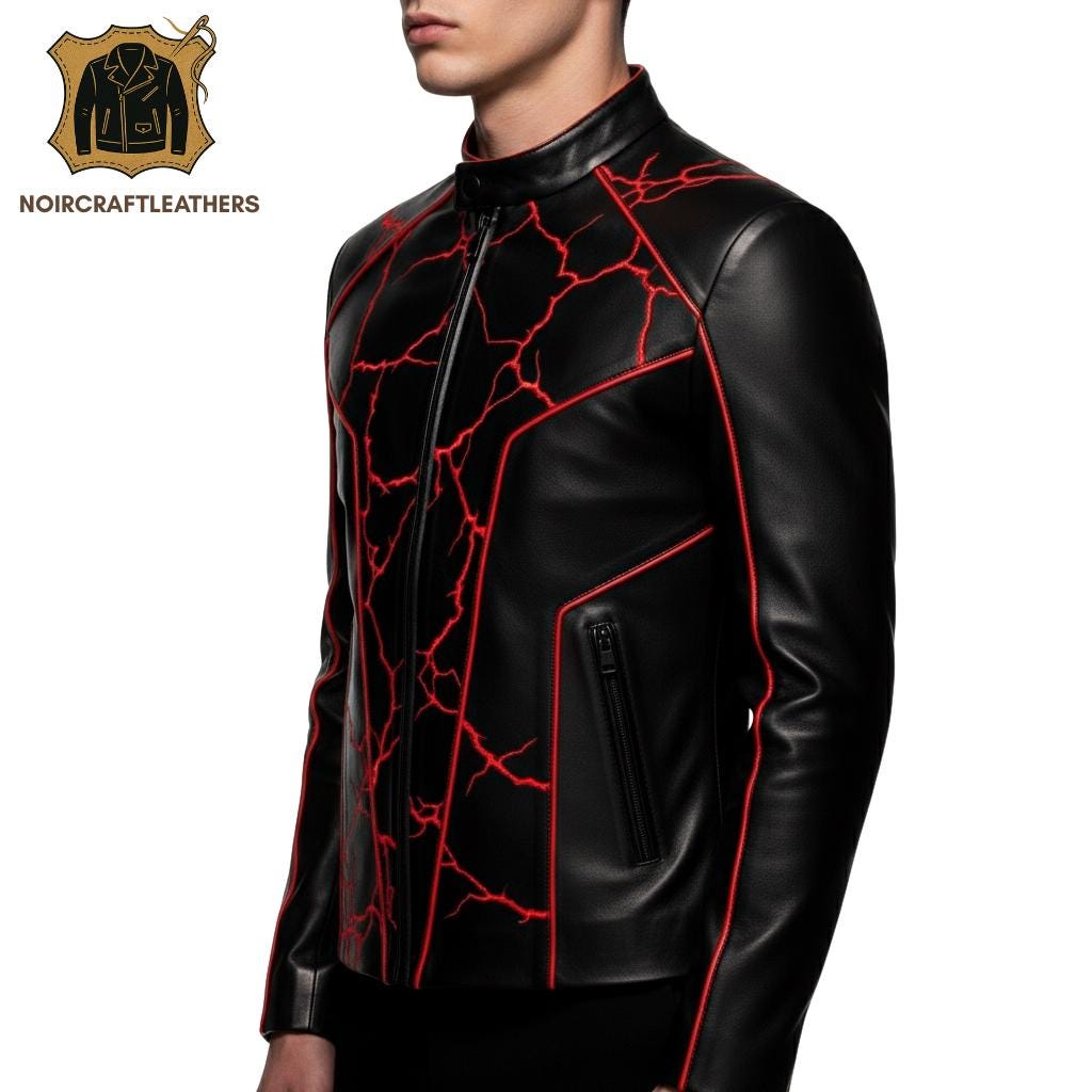 Men's Black & Red Cracked Lambskin Leather Biker Jacket