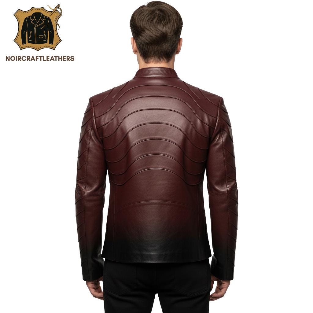 Burgundy & Black Cowhide Leather Biker Jacket: Slim Fit Moto Style