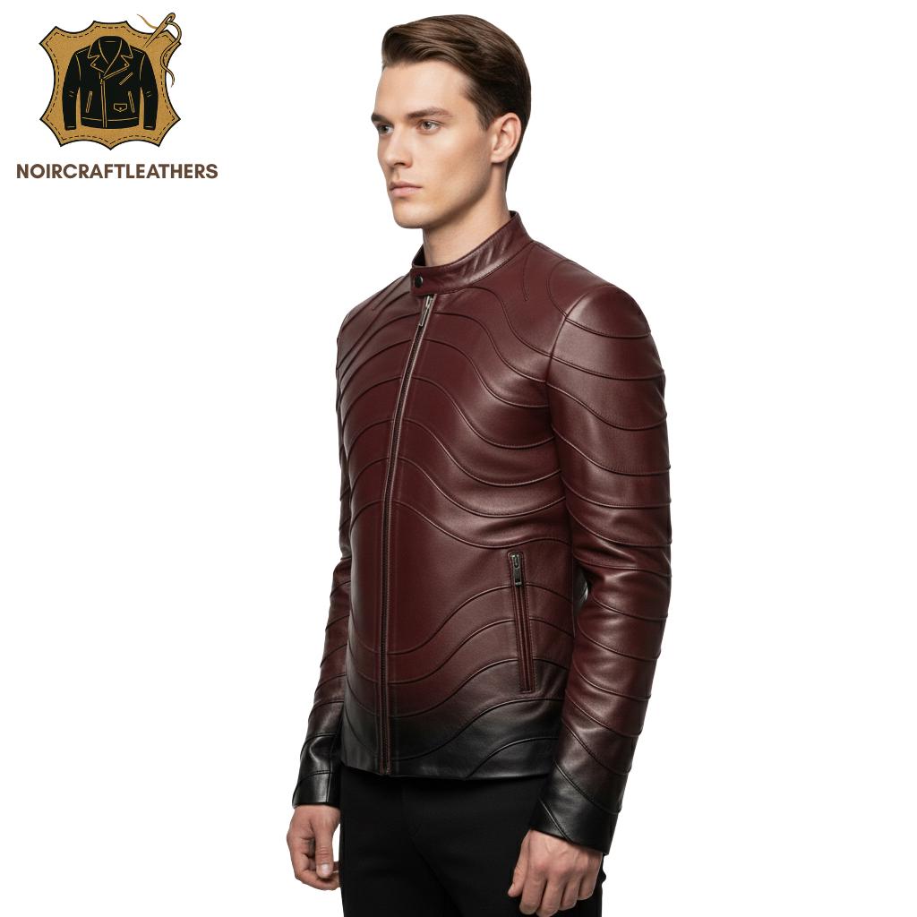 Burgundy & Black Cowhide Leather Biker Jacket: Slim Fit Moto Style