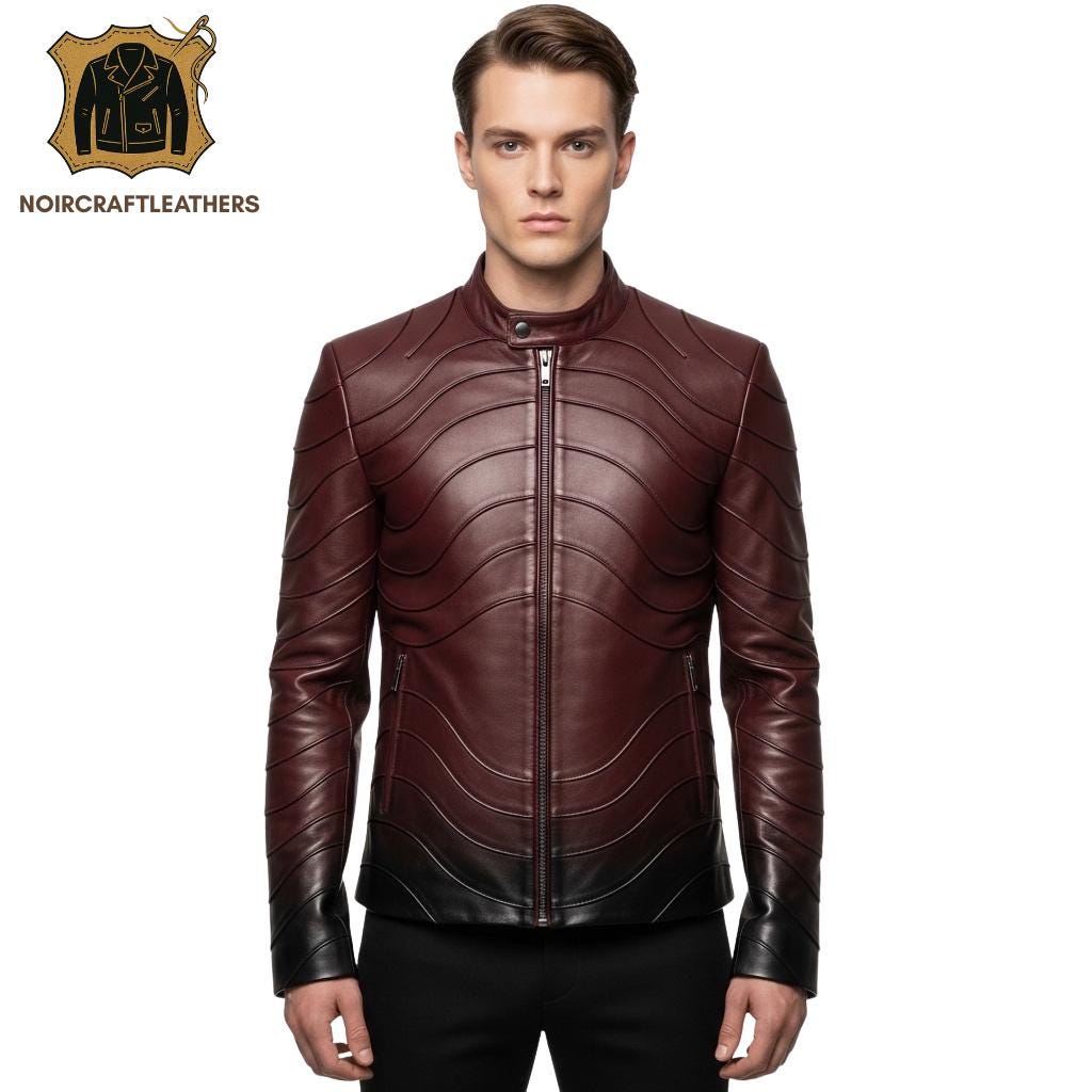 Burgundy & Black Cowhide Leather Biker Jacket: Slim Fit Moto Style