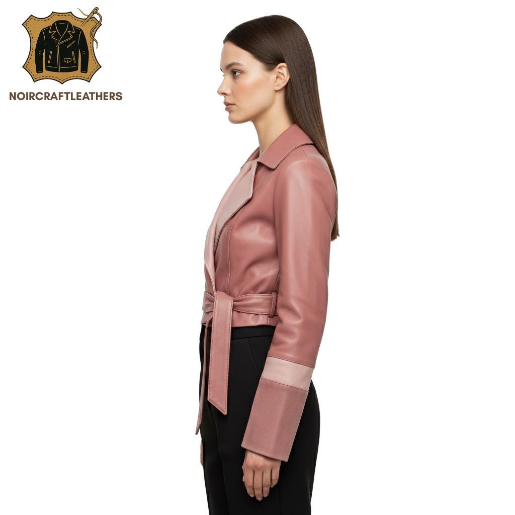 Pink Lambskin Leather Blazer: Women's Cropped Belted Shirt