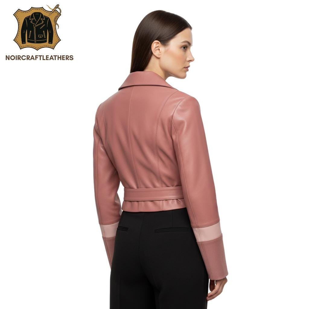 Pink Lambskin Leather Blazer: Women's Cropped Belted Shirt