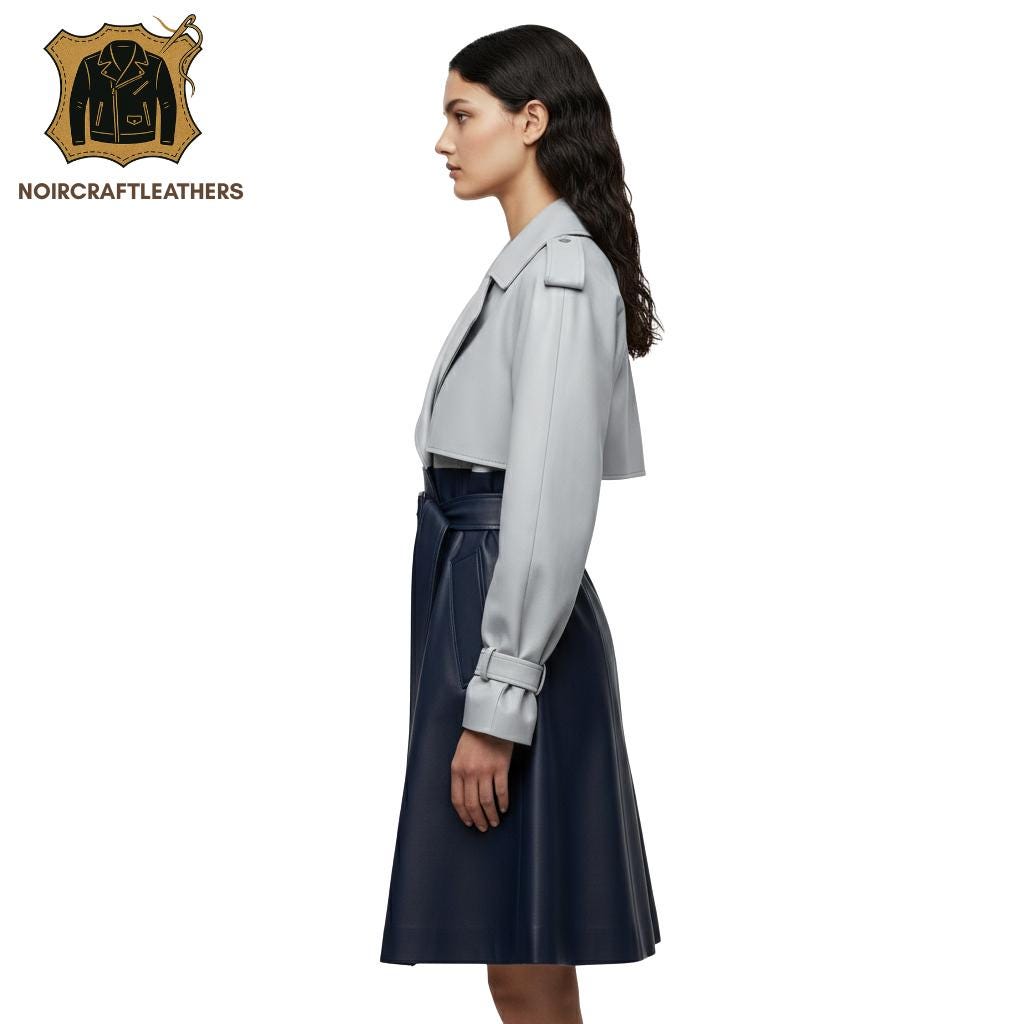 Two-Tone Lambskin Leather Trench Dress: Gray & Navy Color Block
