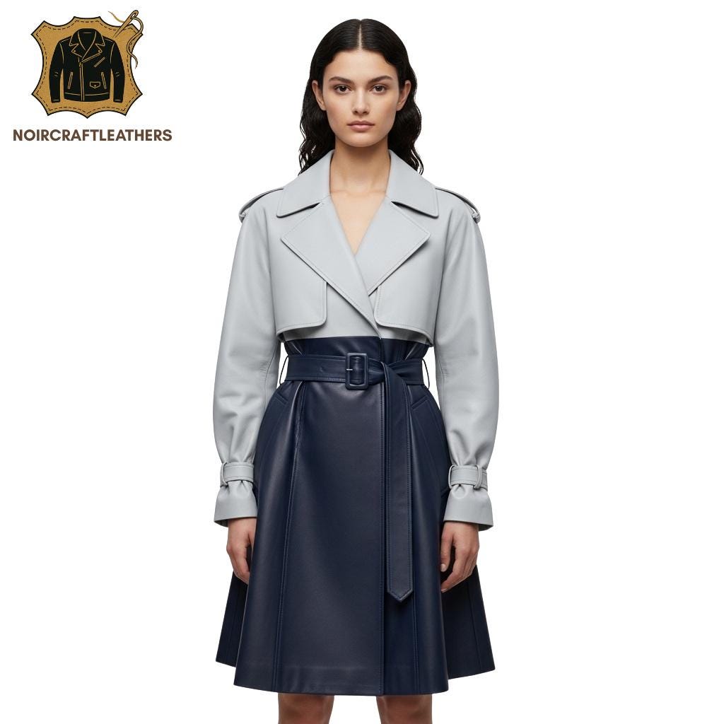 Two-Tone Lambskin Leather Trench Dress: Gray & Navy Color Block