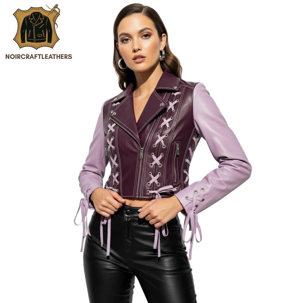 Handmade Maroon & Purple Lambskin Leather Biker Jacket: Lace-Up Moto Coat