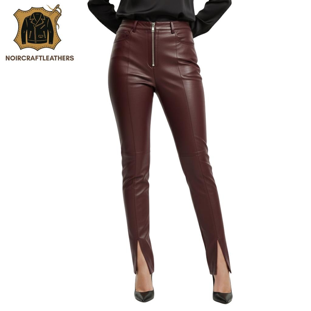 Lambskin Leather Split Hem Pants - High Waisted Slim Fit