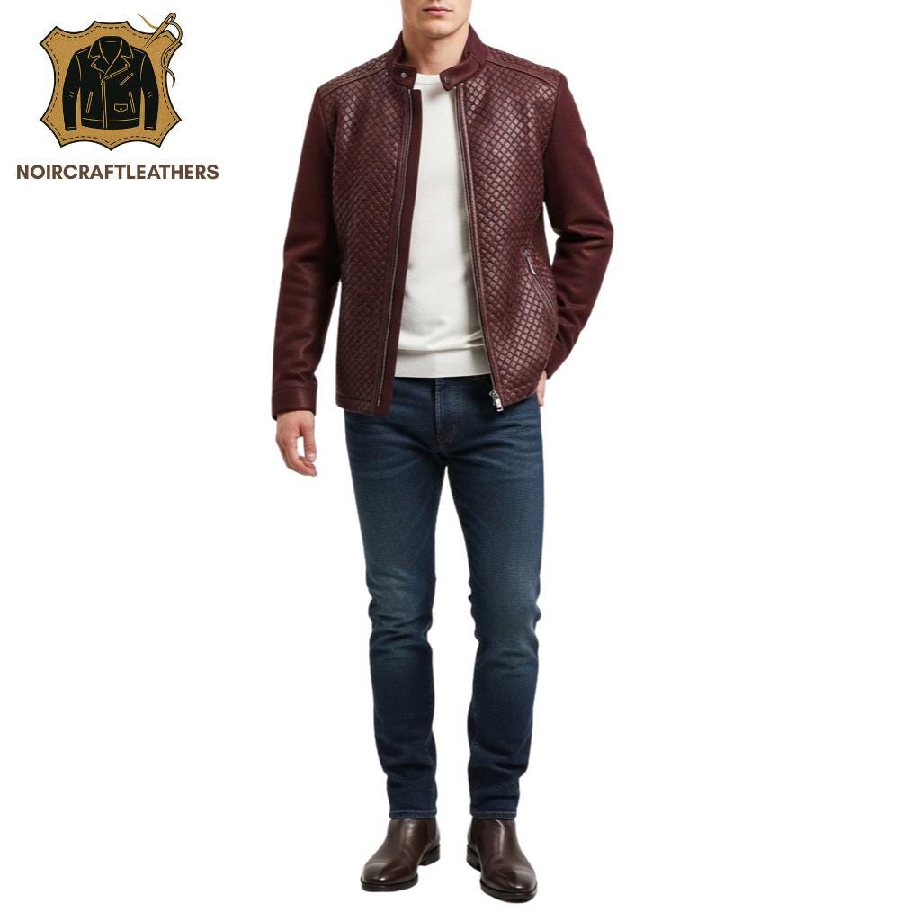 Men's Modern Burgundy Diamond Quilted Leather Jacket with Solid Contrast Knit Sleeves, Full-Zip Closure, and Zippered Hand Pockets.