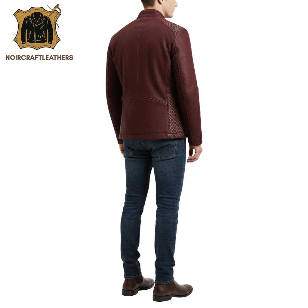 Men's Modern Burgundy Diamond Quilted Leather Jacket with Solid Contrast Knit Sleeves, Full-Zip Closure, and Zippered Hand Pockets.