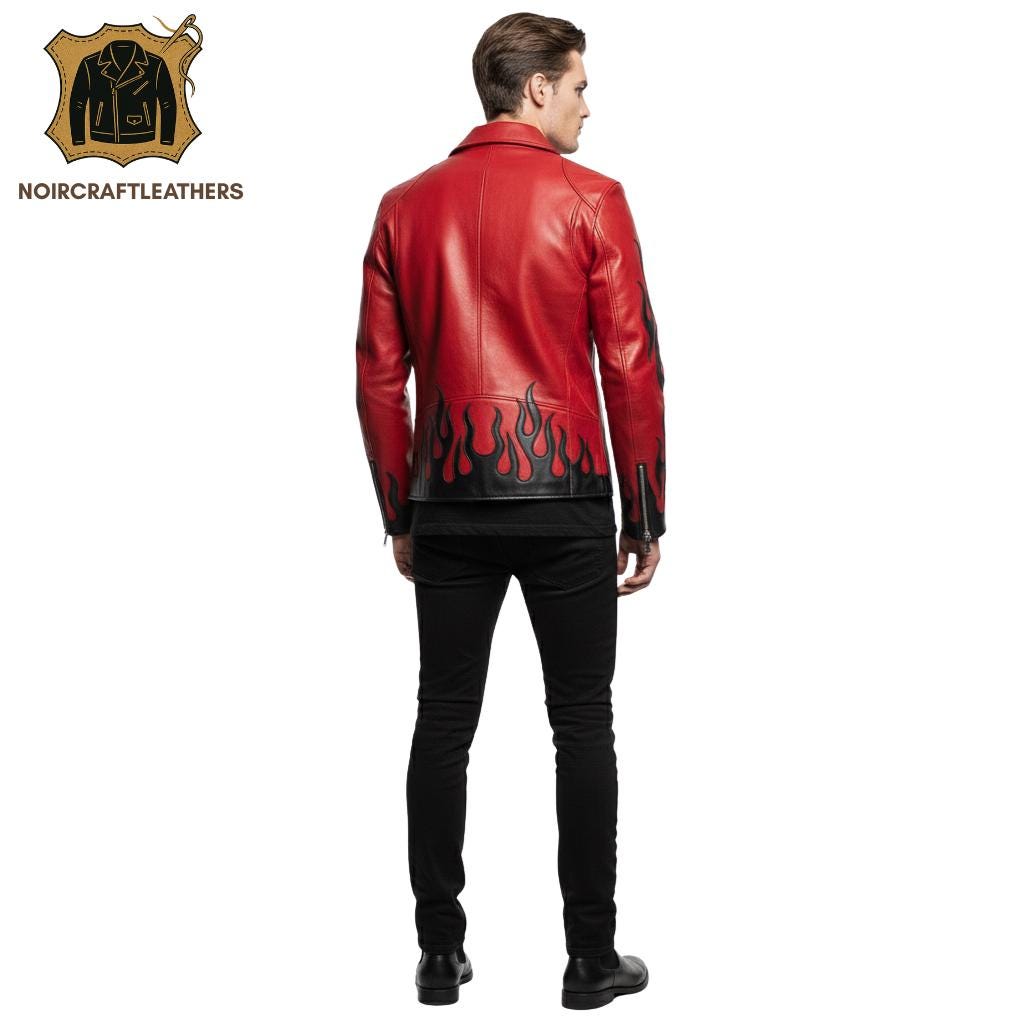 Men's Vintage-Inspired Red and Black Flame Biker Leather Jacket with Classic Turn Down Collar, Heavy Duty Zipper, and Stylish Sleeve Cuffs.