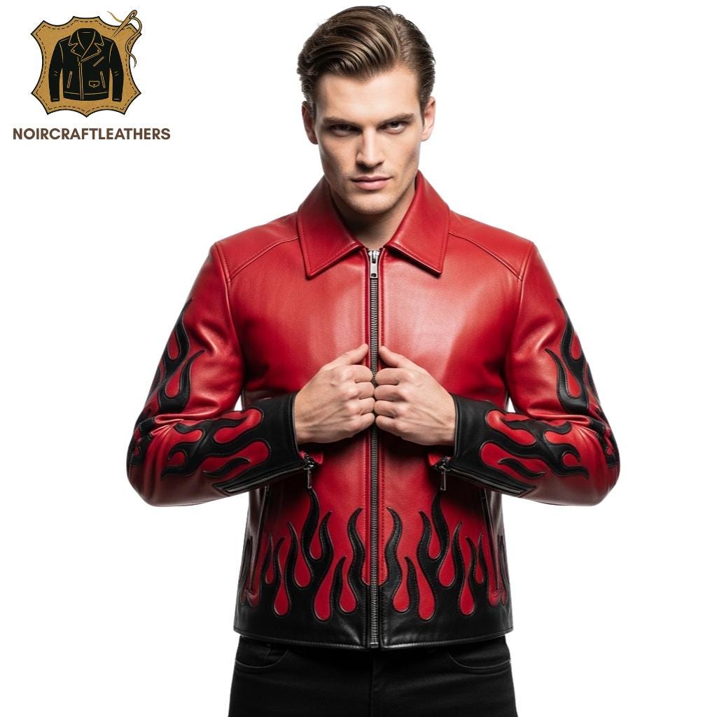 Men's Vintage-Inspired Red and Black Flame Biker Leather Jacket with Classic Turn Down Collar, Heavy Duty Zipper, and Stylish Sleeve Cuffs.