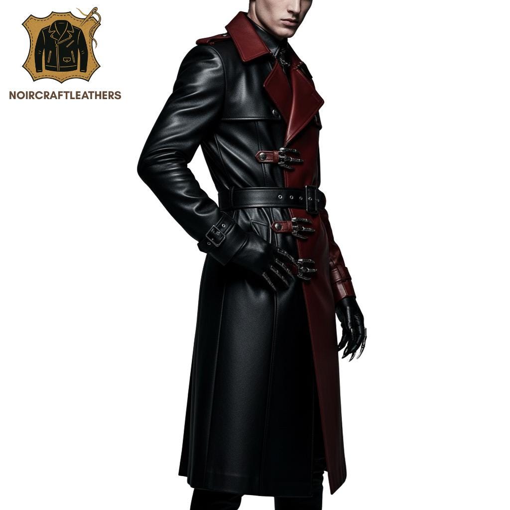 Men's Two-Tone Leather Trench Coat: Steampunk Goth Overcoat with Claw Accents