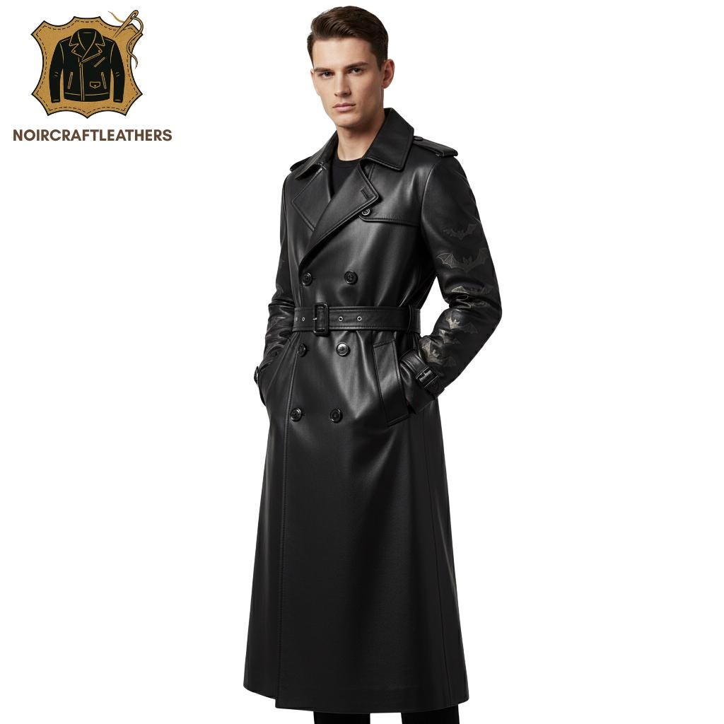 Men's Lambskin Leather Goth Trench Coat: Bat Wing Detail, Belted Waist