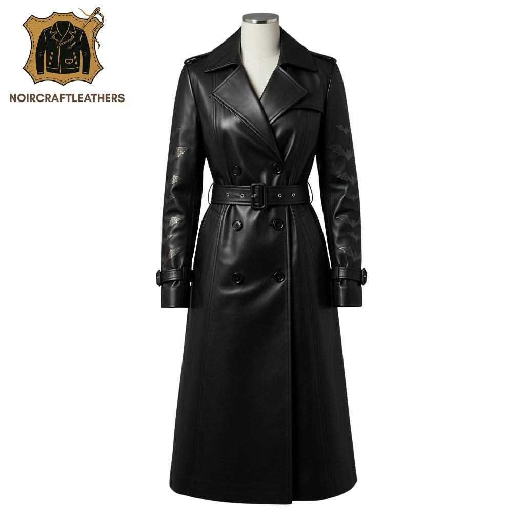 Men's Lambskin Leather Goth Trench Coat: Bat Wing Detail, Belted Waist