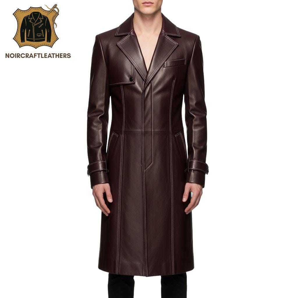 Men's Maroon Lambskin Leather Trench Coat: White Stitching, Slim Fit