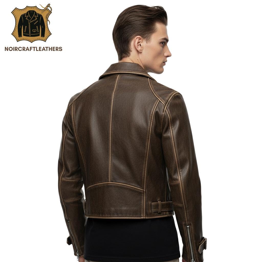 Men's Distressed Brown Biker Leather Jacket, Vintage Asymmetrical Motorcycle Style with Lapel Collar and Adjustable Waist Straps