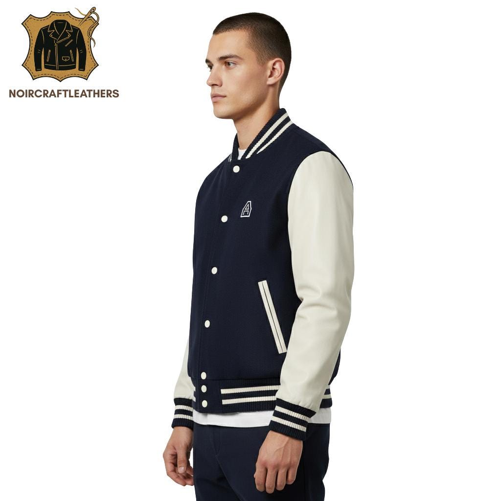 Men's Classic Navy and Cream Varsity Jacket | Traditional College Style Bomber with Contrast Sleeves, Snap Closure, and Striped Ribs