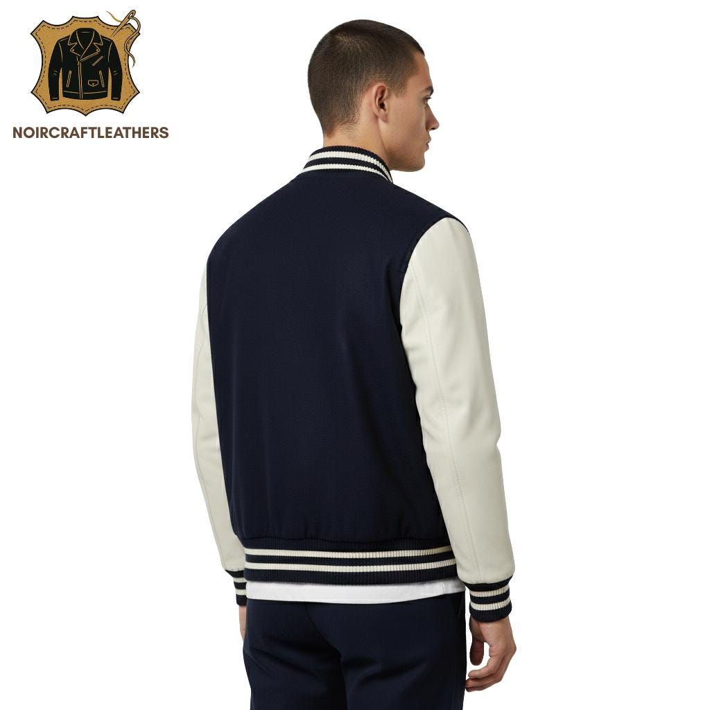 Men's Classic Navy and Cream Varsity Jacket | Traditional College Style Bomber with Contrast Sleeves, Snap Closure, and Striped Ribs