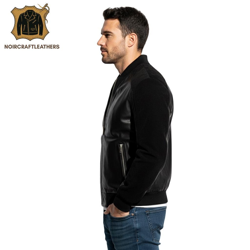 Men's Premium Black Leather and Suede Bomber Jacket Modern Contrast Yoke Design, Full Zip Closure, and Ribbed Trims