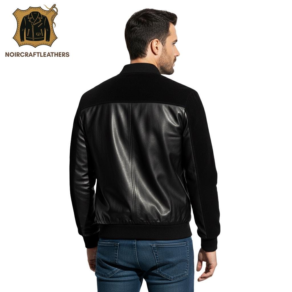 Men's Premium Black Leather and Suede Bomber Jacket Modern Contrast Yoke Design, Full Zip Closure, and Ribbed Trims