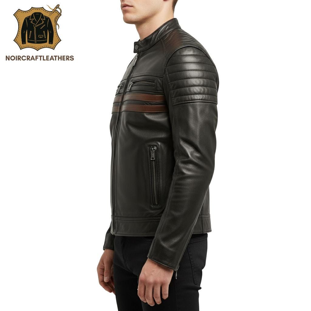 Men's Vintage Black Leather Racer Jacket Cafe Biker Style with Dual Brown Horizontal Chest Stripes and Quilted Shoulders