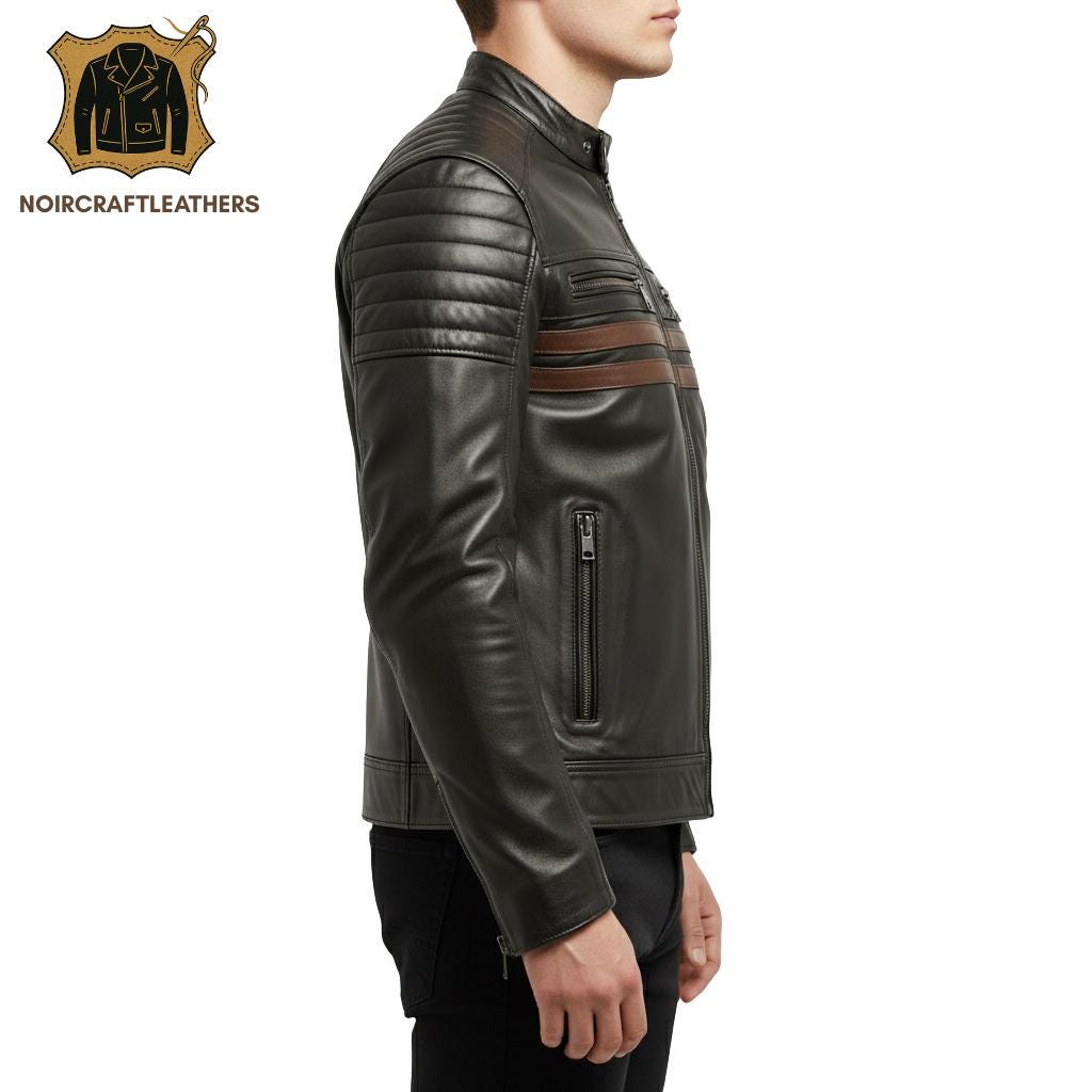 Men's Vintage Black Leather Racer Jacket Cafe Biker Style with Dual Brown Horizontal Chest Stripes and Quilted Shoulders