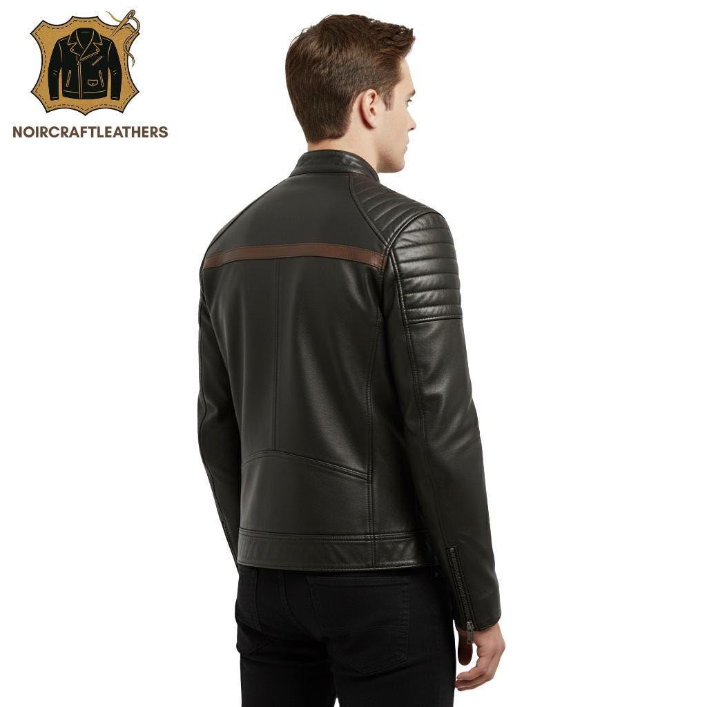 Men's Vintage Black Leather Racer Jacket Cafe Biker Style with Dual Brown Horizontal Chest Stripes and Quilted Shoulders
