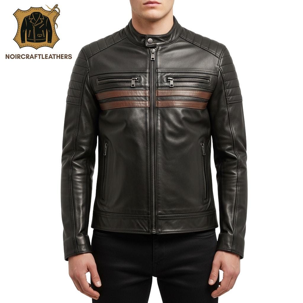 Men's Vintage Black Leather Racer Jacket Cafe Biker Style with Dual Brown Horizontal Chest Stripes and Quilted Shoulders