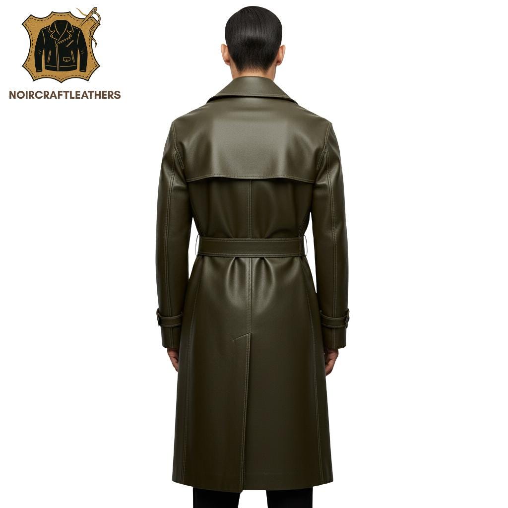 Men's Luxury Olive Green Lambskin Leather Trench Coat: Belted Overcoat