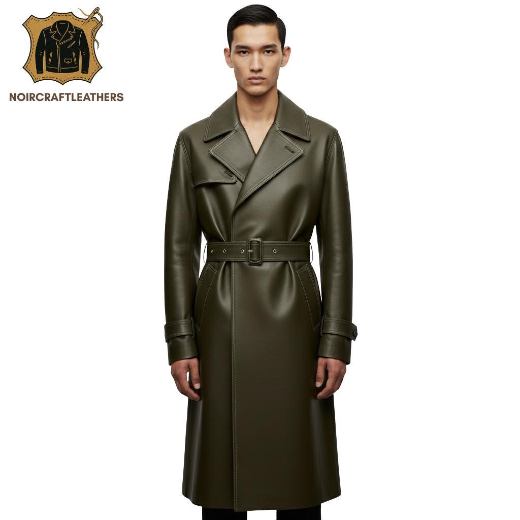 Men's Luxury Olive Green Lambskin Leather Trench Coat: Belted Overcoat
