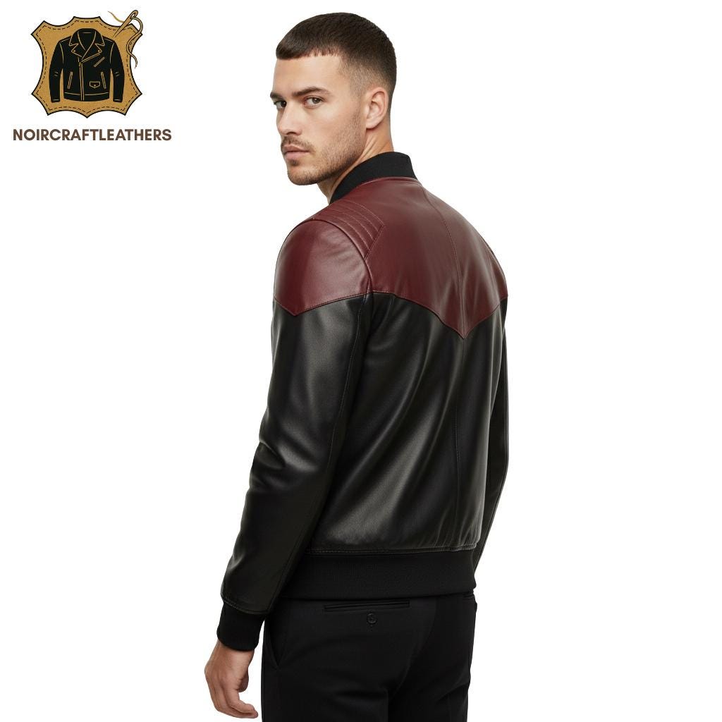 Men's Contrast Black and Burgundy Leather Bomber Jacket | Modern Chevron Panel Design with Ribbed Trims and Full Zip Closure