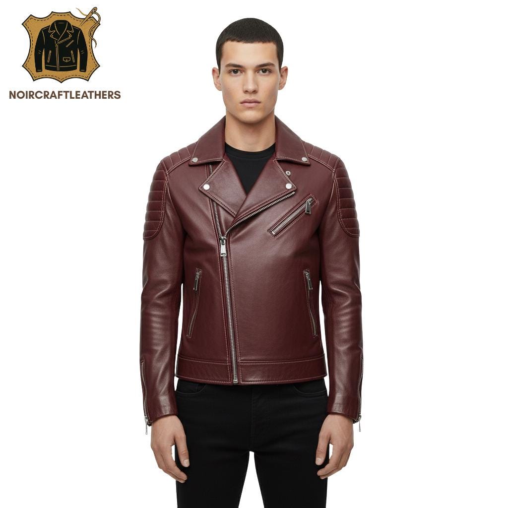 Men's Classic Dark Maroon Leather Biker Jacket | Asymmetrical Zip Closure, Padded Shoulders, and Stand Collar with Snaps