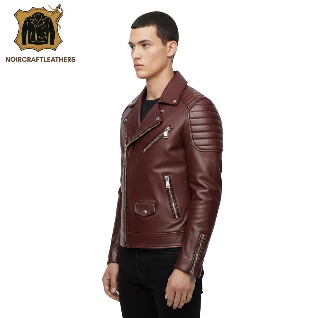 Men's Classic Dark Maroon Leather Biker Jacket | Asymmetrical Zip Closure, Padded Shoulders, and Stand Collar with Snaps