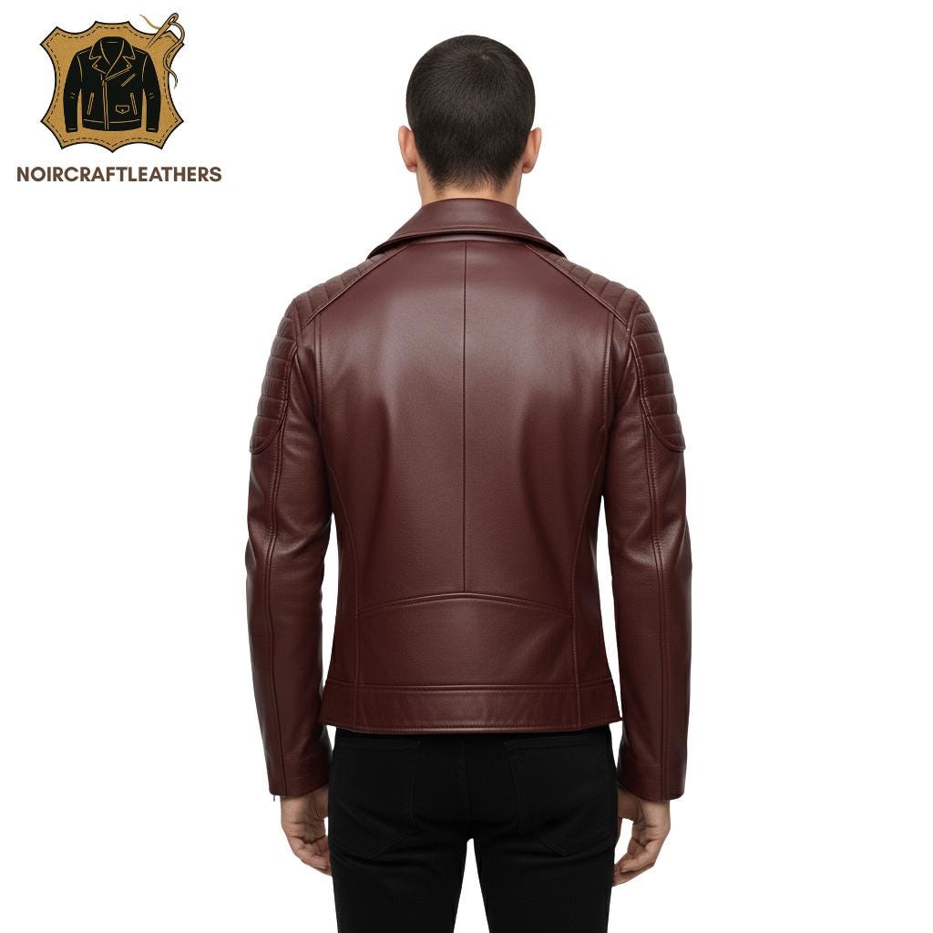 Men's Classic Dark Maroon Leather Biker Jacket | Asymmetrical Zip Closure, Padded Shoulders, and Stand Collar with Snaps