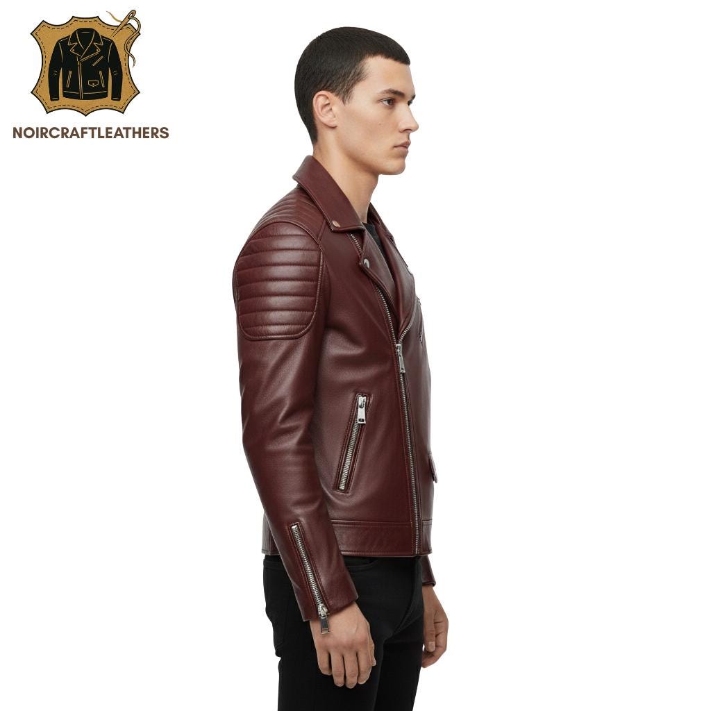 Men's Classic Dark Maroon Leather Biker Jacket | Asymmetrical Zip Closure, Padded Shoulders, and Stand Collar with Snaps