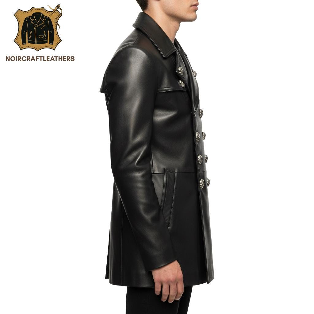 Men's Black Lambskin Leather Pea Coat: Goth Military Jacket with Silver Skull Buttons