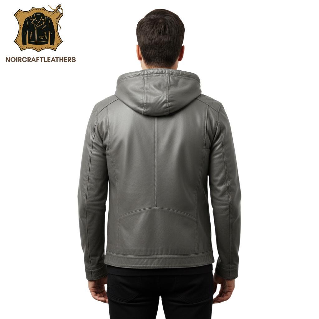 Men's Sleek Charcoal Gray Leather Jacket | Modern Biker Style with Removable Hood, Chest Zippers, and Clean Look