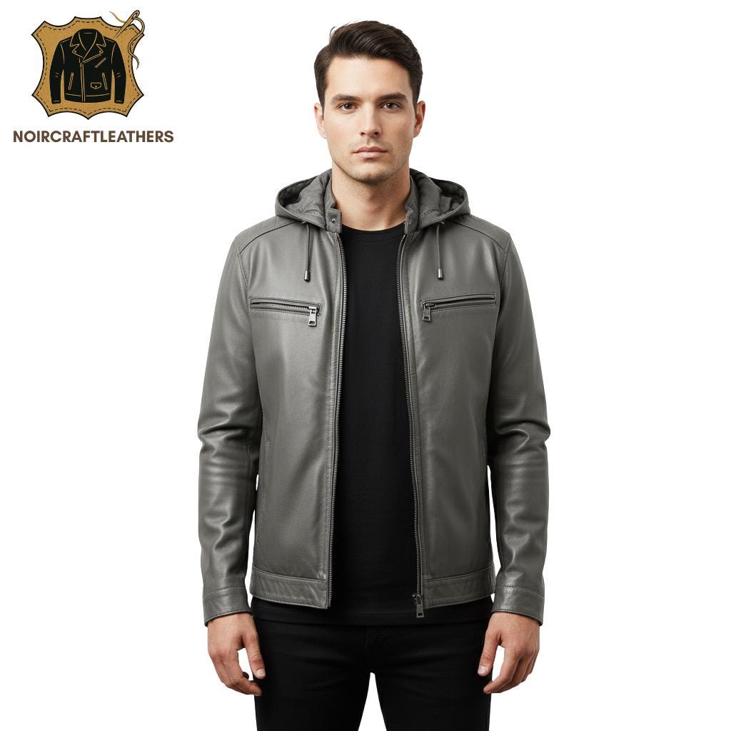 Men's Sleek Charcoal Gray Leather Jacket | Modern Biker Style with Removable Hood, Chest Zippers, and Clean Look
