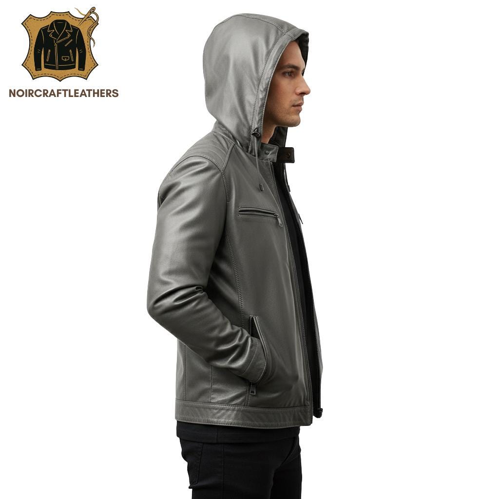 Men's Sleek Charcoal Gray Leather Jacket | Modern Biker Style with Removable Hood, Chest Zippers, and Clean Look