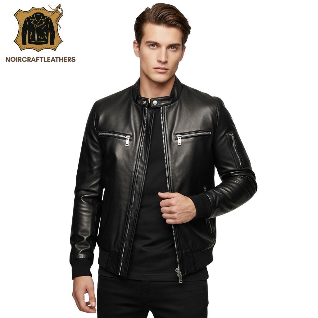 Men's Premium Black Lambskin Leather Bomber Jacket | Minimalist Cafe Racer Style with Multiple Zipped Pockets and Rib Knit Cuffs