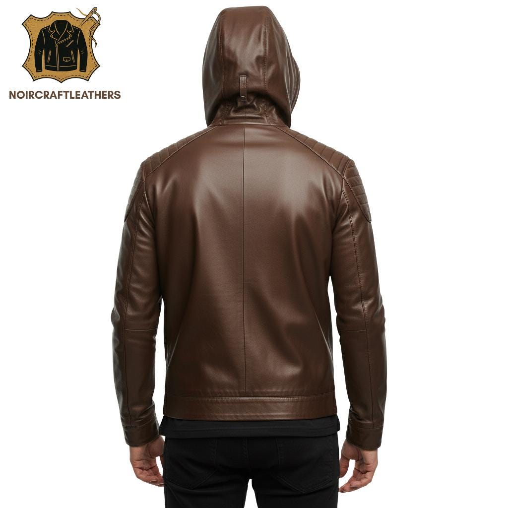 Men's Premium Chocolate Brown Leather Biker Jacket, Modern Style with Attached Hood, Padded Shoulder Panels, and Slim Fit