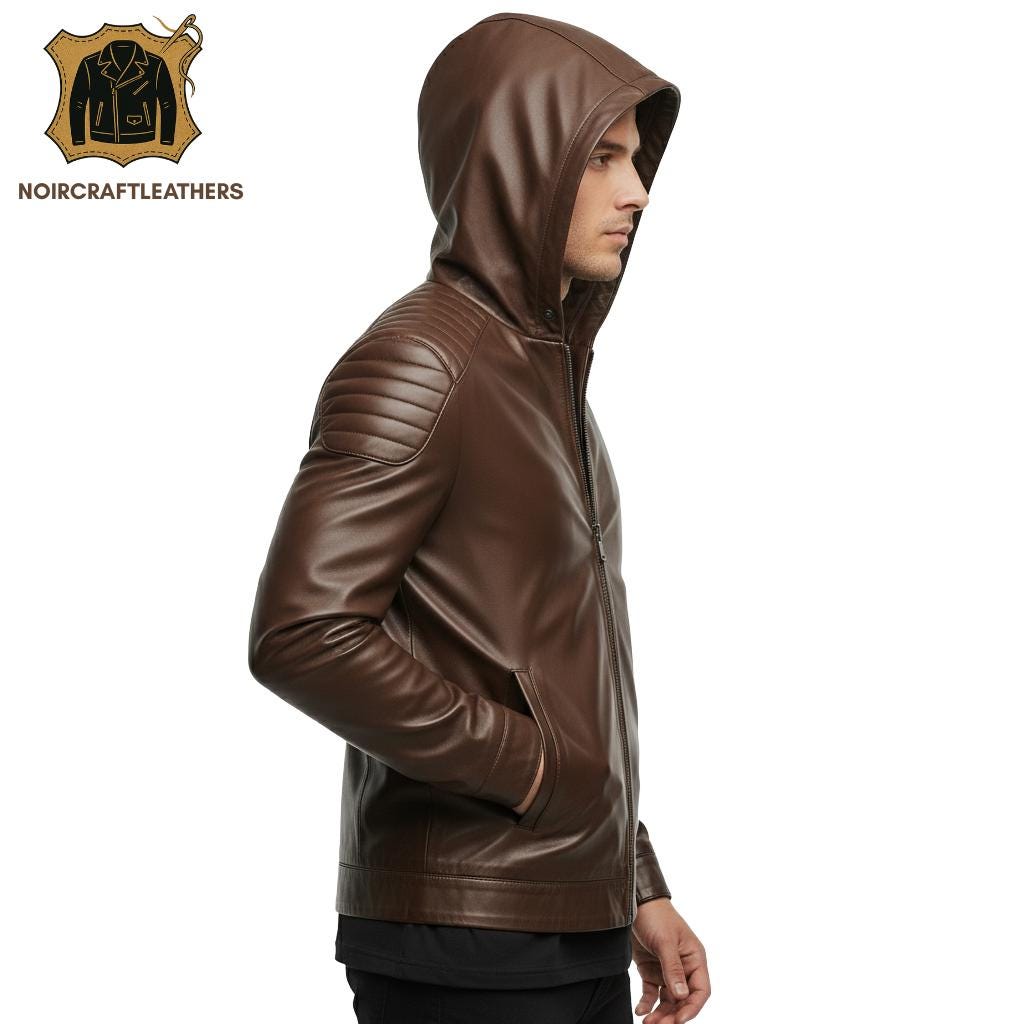 Men's Premium Chocolate Brown Leather Biker Jacket, Modern Style with Attached Hood, Padded Shoulder Panels, and Slim Fit