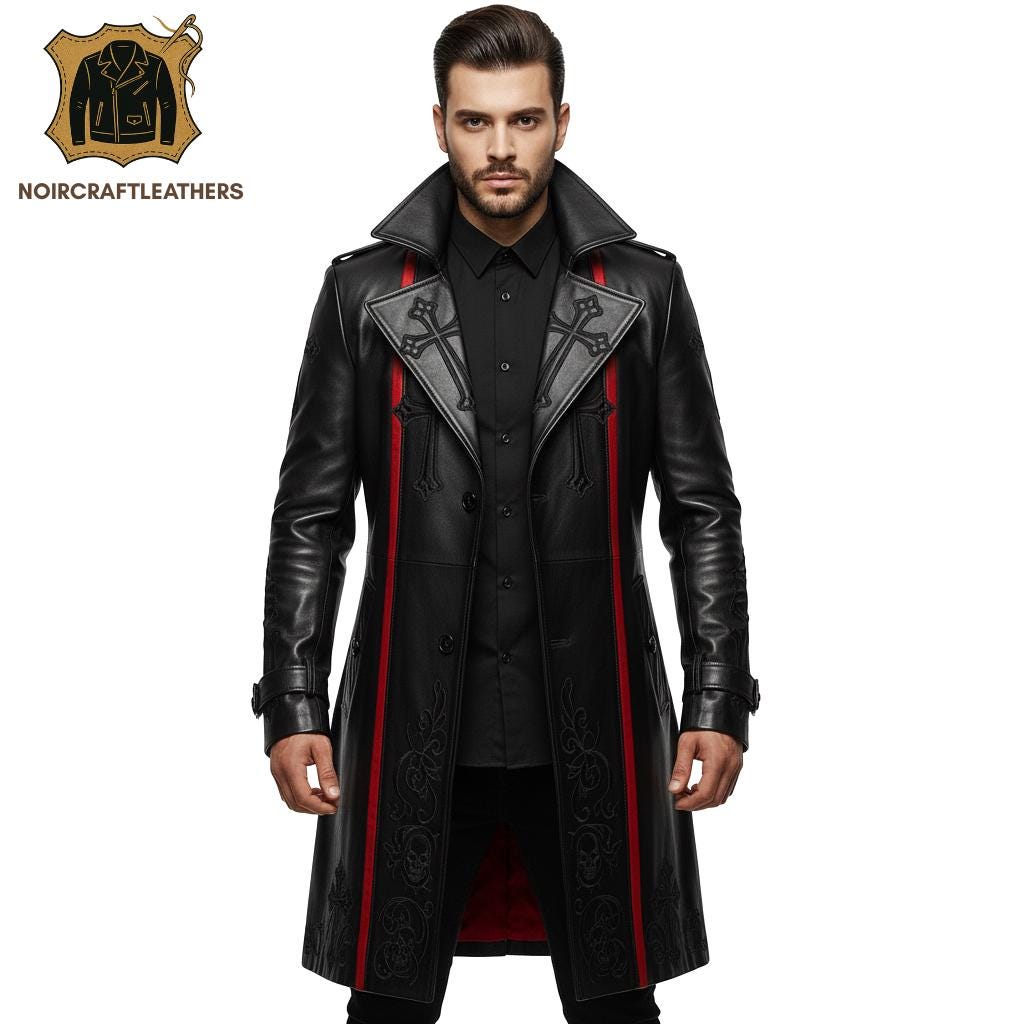 Men's Goth Black Lambskin Leather Trench Coat: Embroidered Skulls & Red Stripes