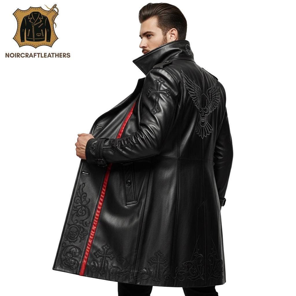 Men's Goth Black Lambskin Leather Trench Coat: Embroidered Skulls & Red Stripes