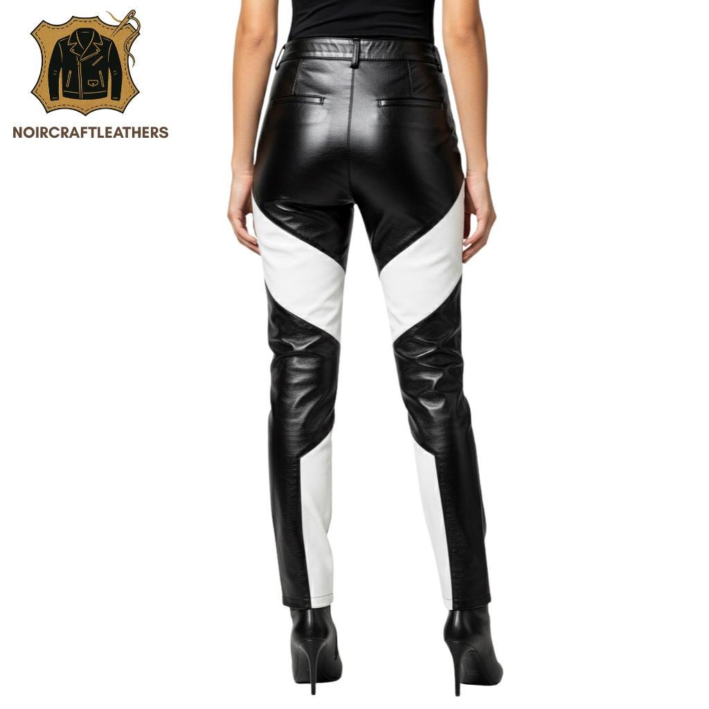 Color Block Lambskin Leather Pants: High Waisted Biker Trousers