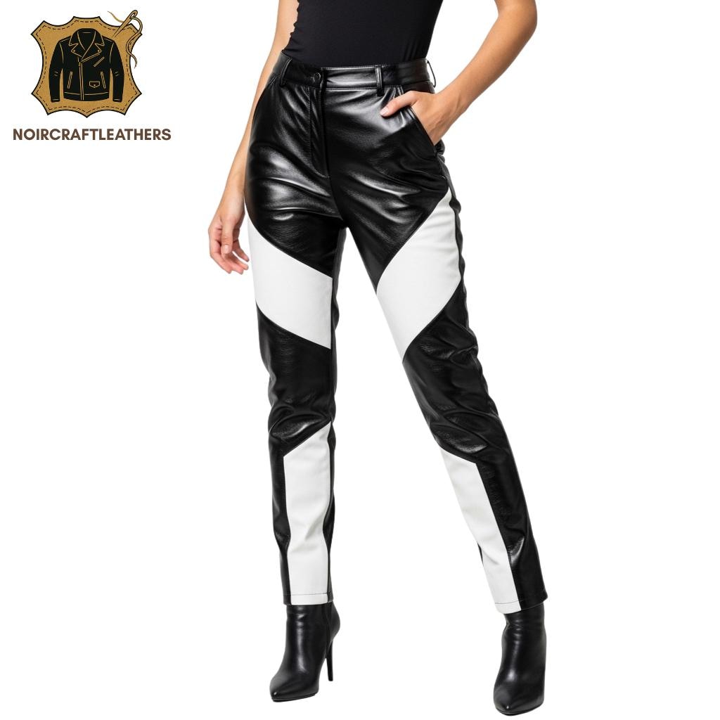 Color Block Lambskin Leather Pants: High Waisted Biker Trousers