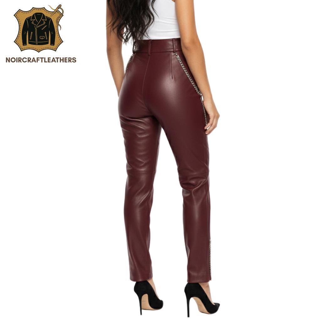 Maroon Lambskin Leather Pants: High-Waisted Biker Chain Trousers