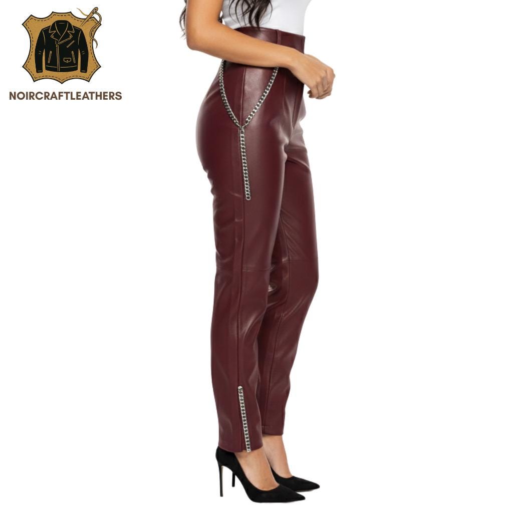 Maroon Lambskin Leather Pants: High-Waisted Biker Chain Trousers