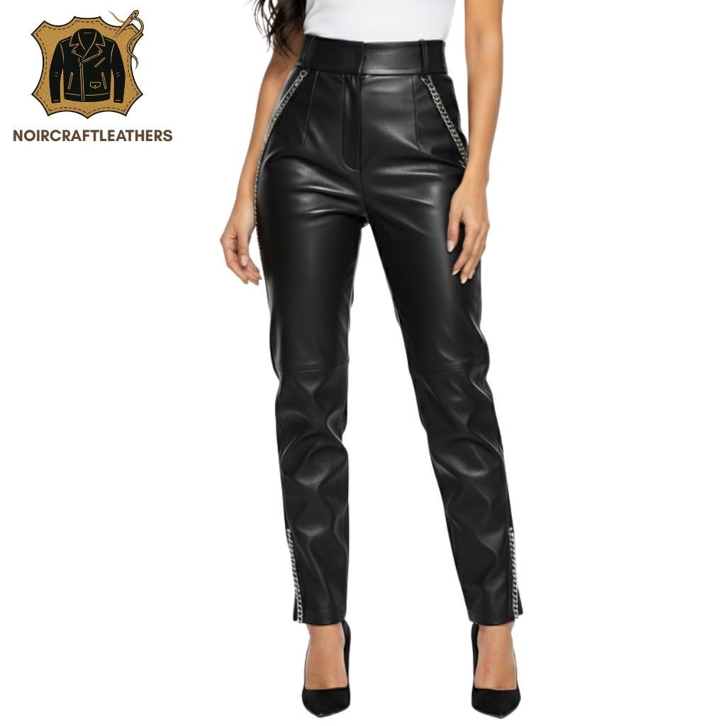 Maroon Lambskin Leather Pants: High-Waisted Biker Chain Trousers