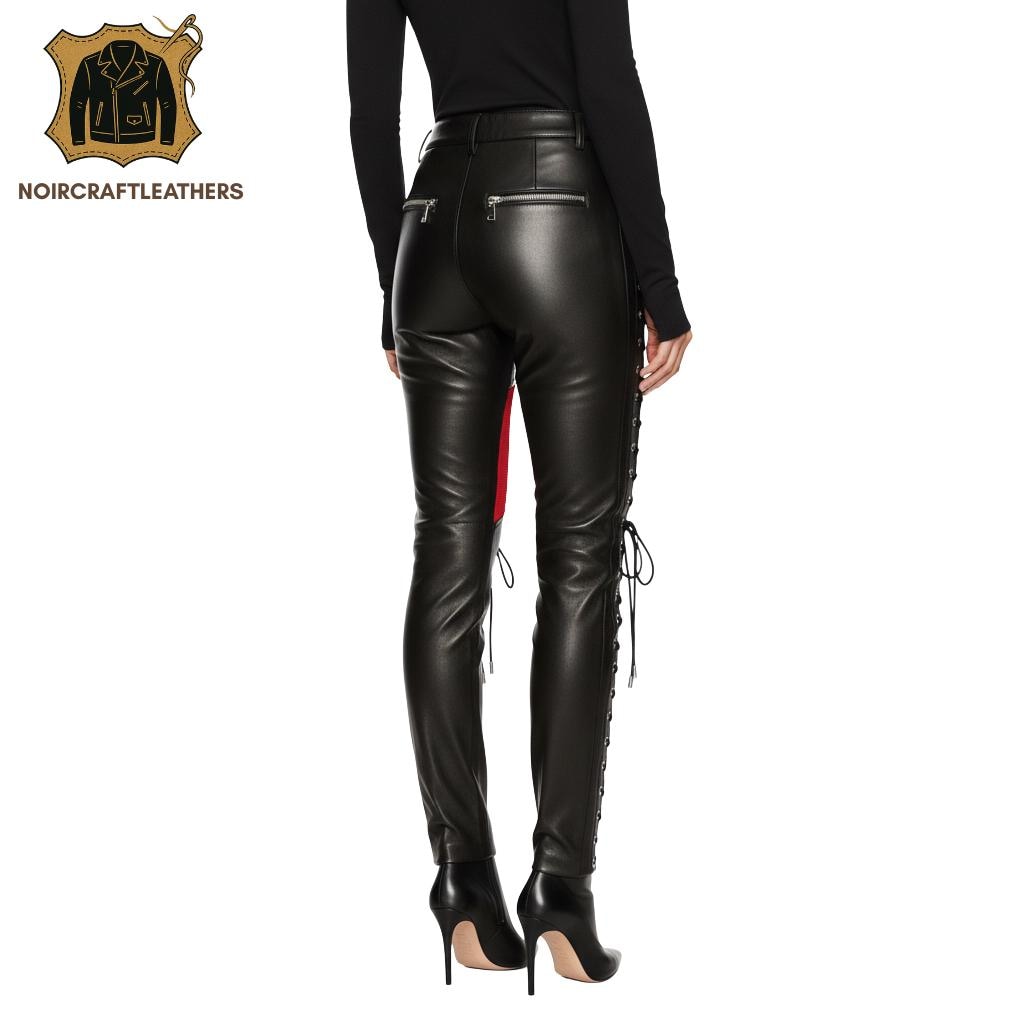 Women's Black Lambskin Leather Lace Up Pants Red Mesh Panel High Waisted Trousers Goth Biker Rock Style Streetwear Fashion Gift